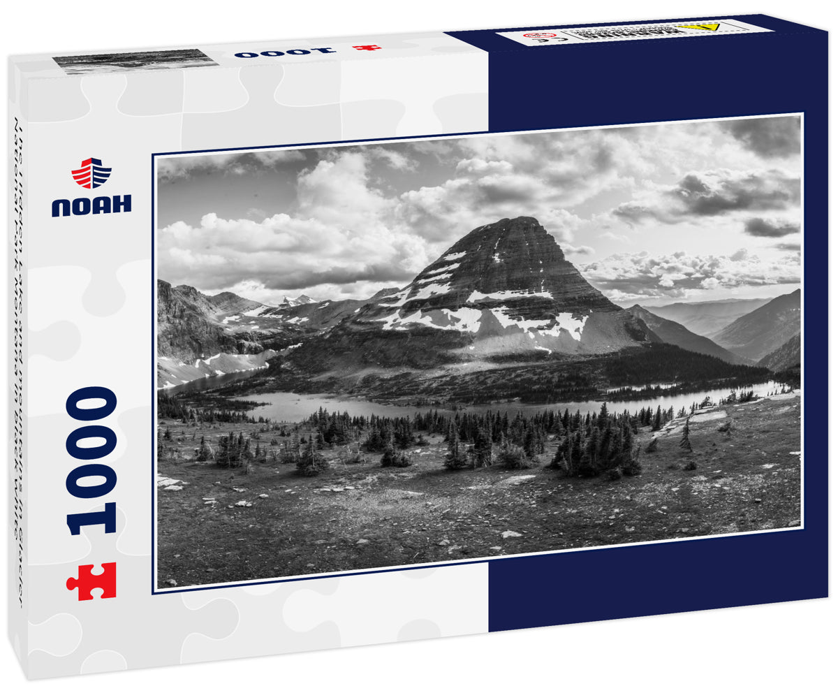 The Hidden Lake and mountains in Glacier National Park Montana in black white
