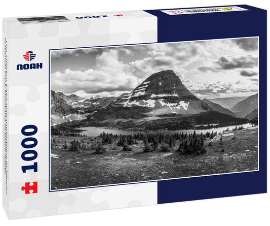 The Hidden Lake and mountains in Glacier National Park Montana in black white