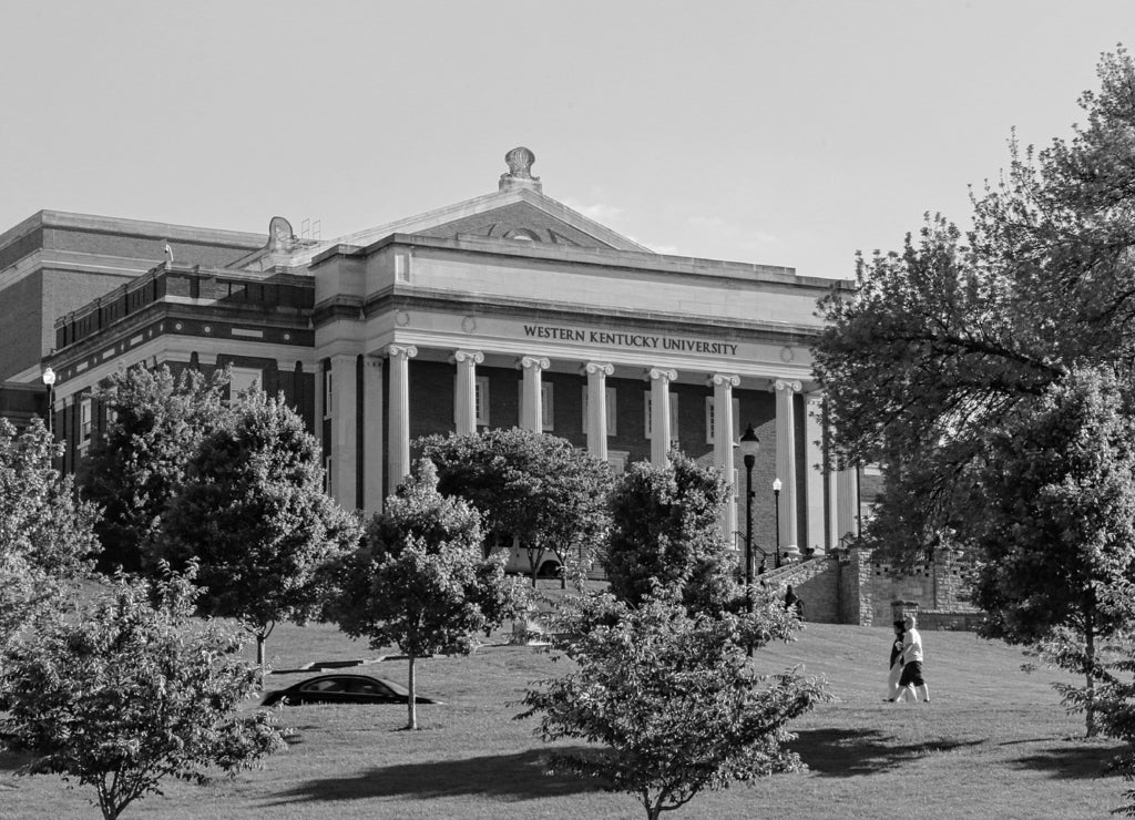 Bowling Green, Kentucky, United States. The Van Meter Hall inside the Western Kentucky University in black white