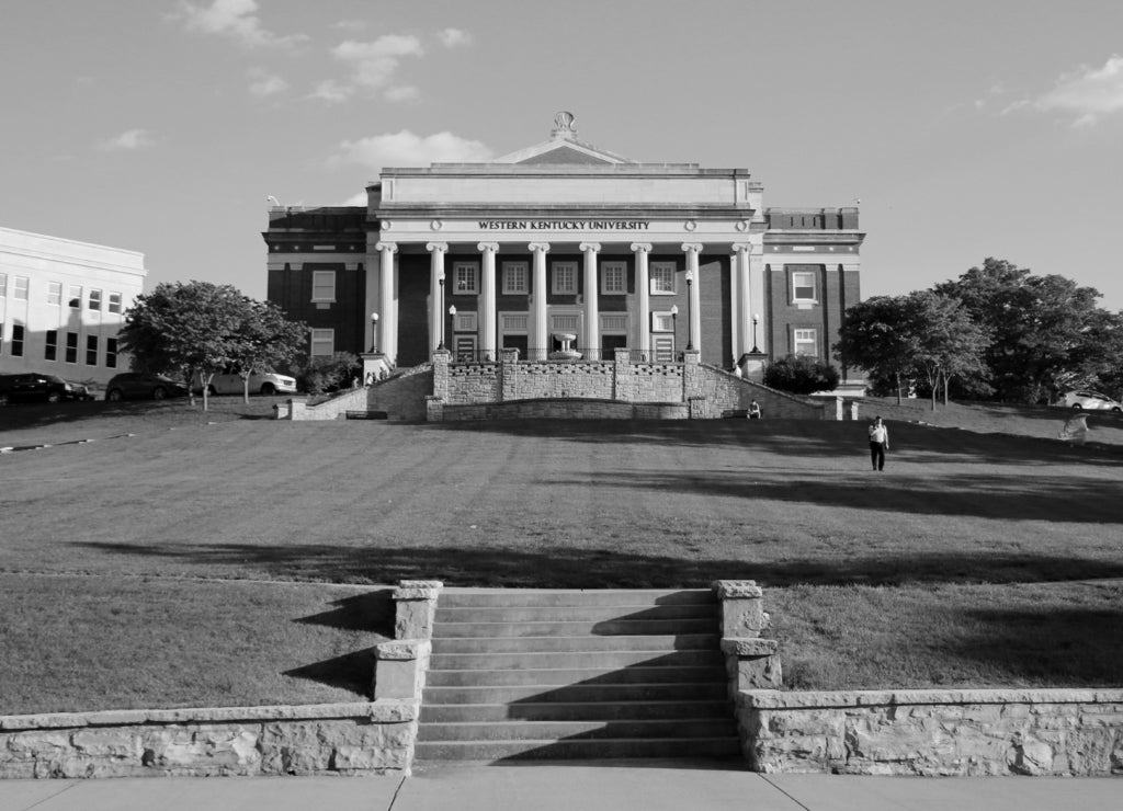 Bowling Green, Kentucky, United States. The Van Meter Hall inside the Western Kentucky University in black white