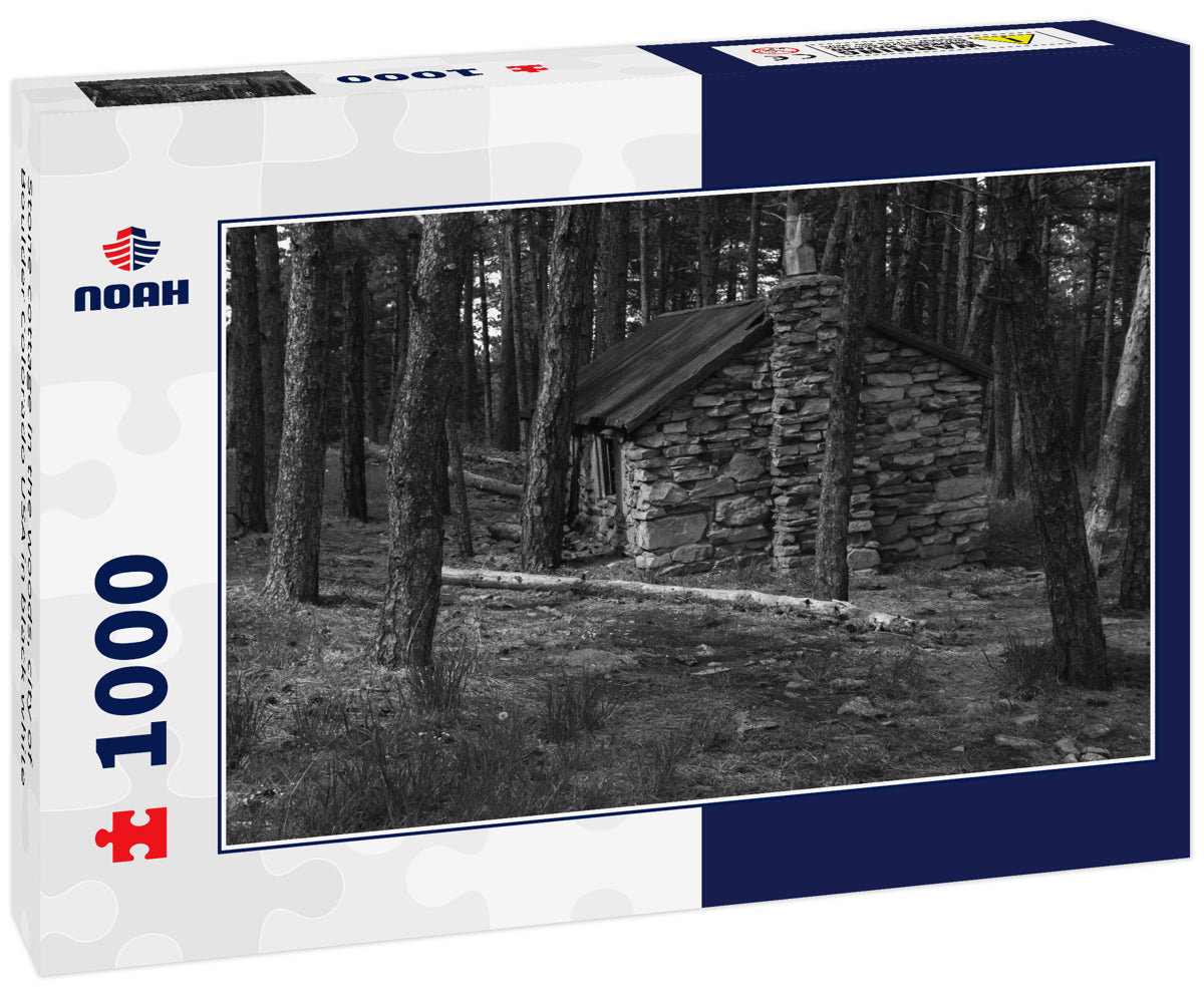 Stone cottage in the woods, city of Boulder Colorado USA in black white