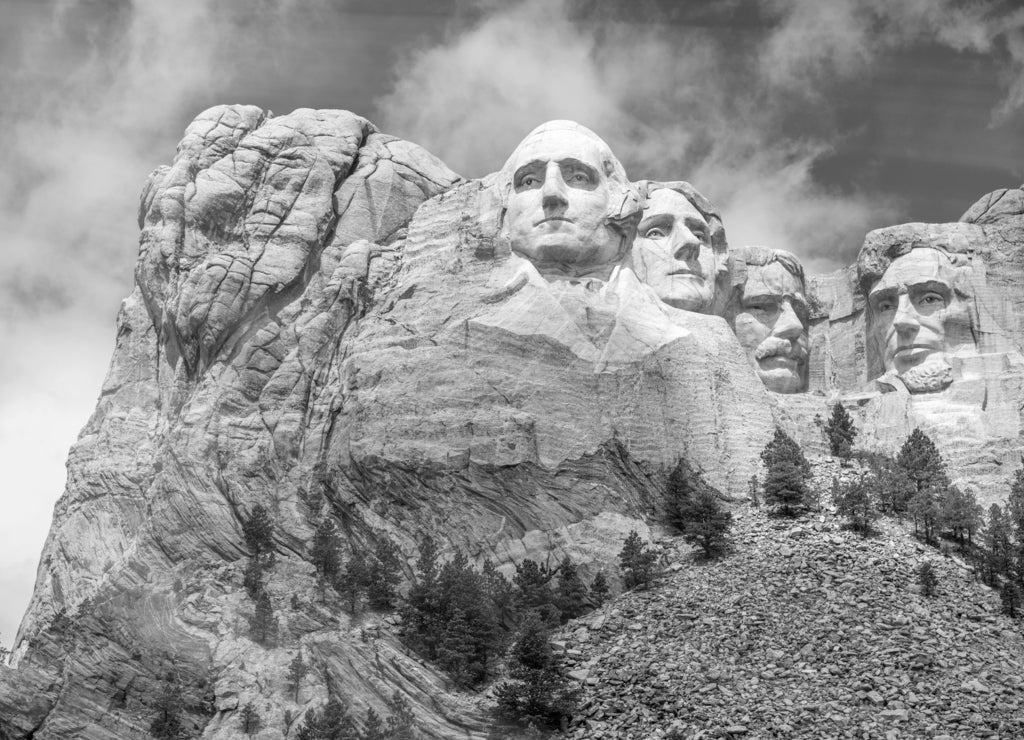 Famous Landmark and Sculpture - Mount Rushmore National Monument, near Keystone, South Dakota - USA in black white