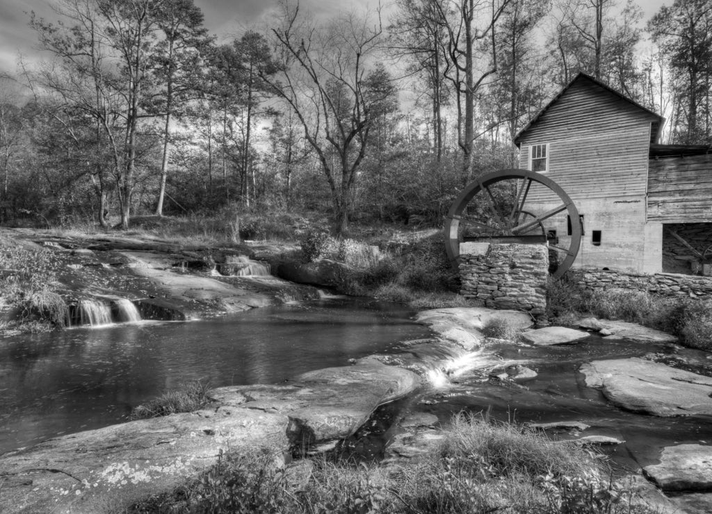 Laudermilk Mill near Clarksville, Georgia USA in black white