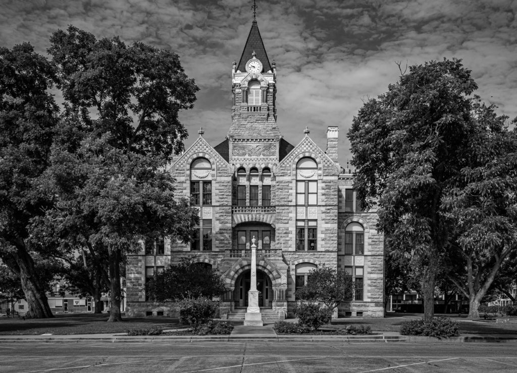 La Grange, Texas / United States: East elevation of the historic Fayette County Courthouse in LaGrange, Texas in black white