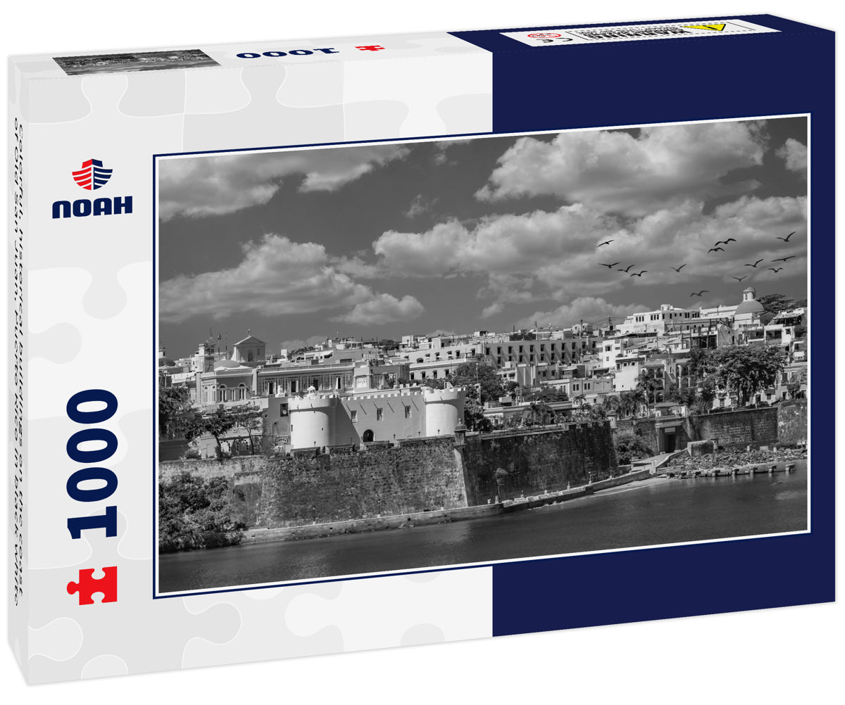 Colorful, historical buildings on the coast of Old San Juan, Puerto Rico in black white