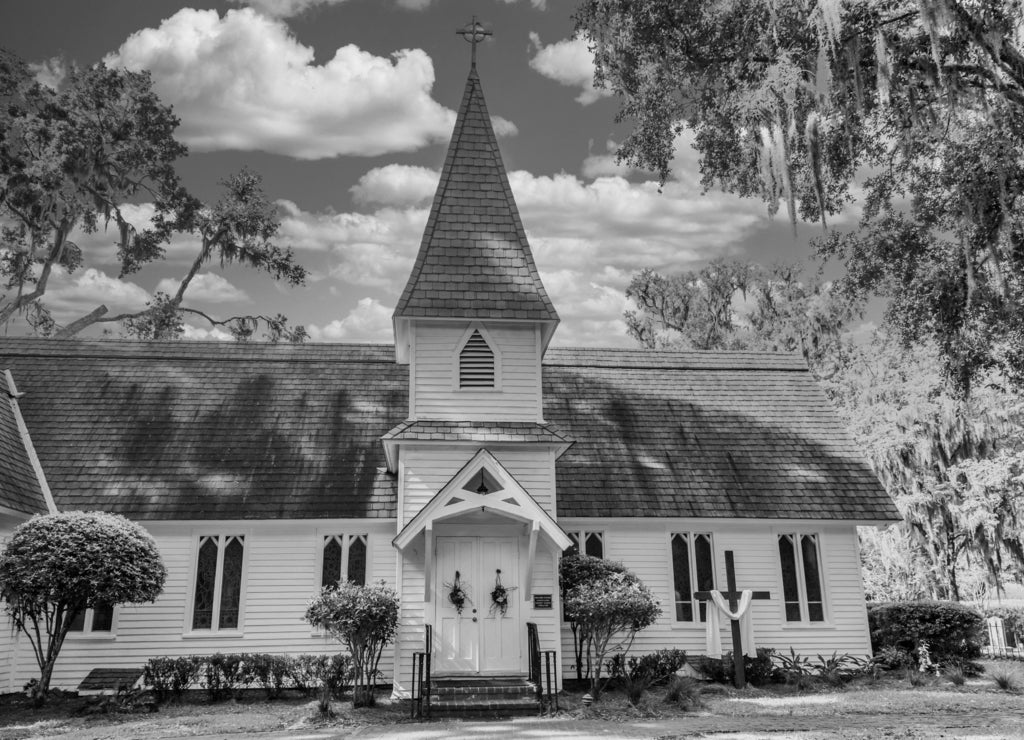 The old Christ Church on Saint Simons Island, Georgia in black white