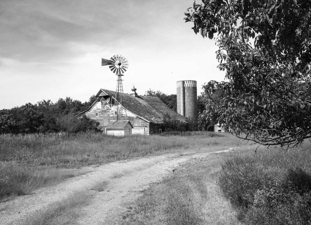 Killdeer, North Dakota; A barn on prarie grass land in eastern North Dakota in black white