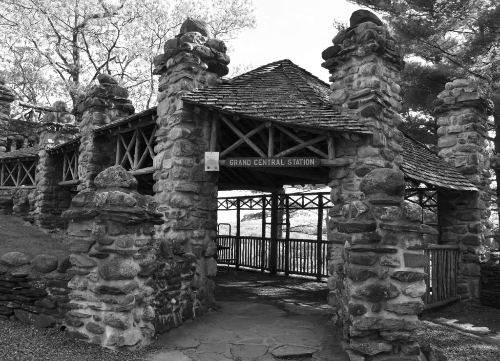 Grand Central Station at Gillette Castle State Park in East Haddam, Connecticut in black white