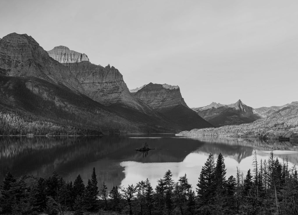 Wild Goose Island on Saint Mary Lake at Glacier National Park in Montana, USA in black white