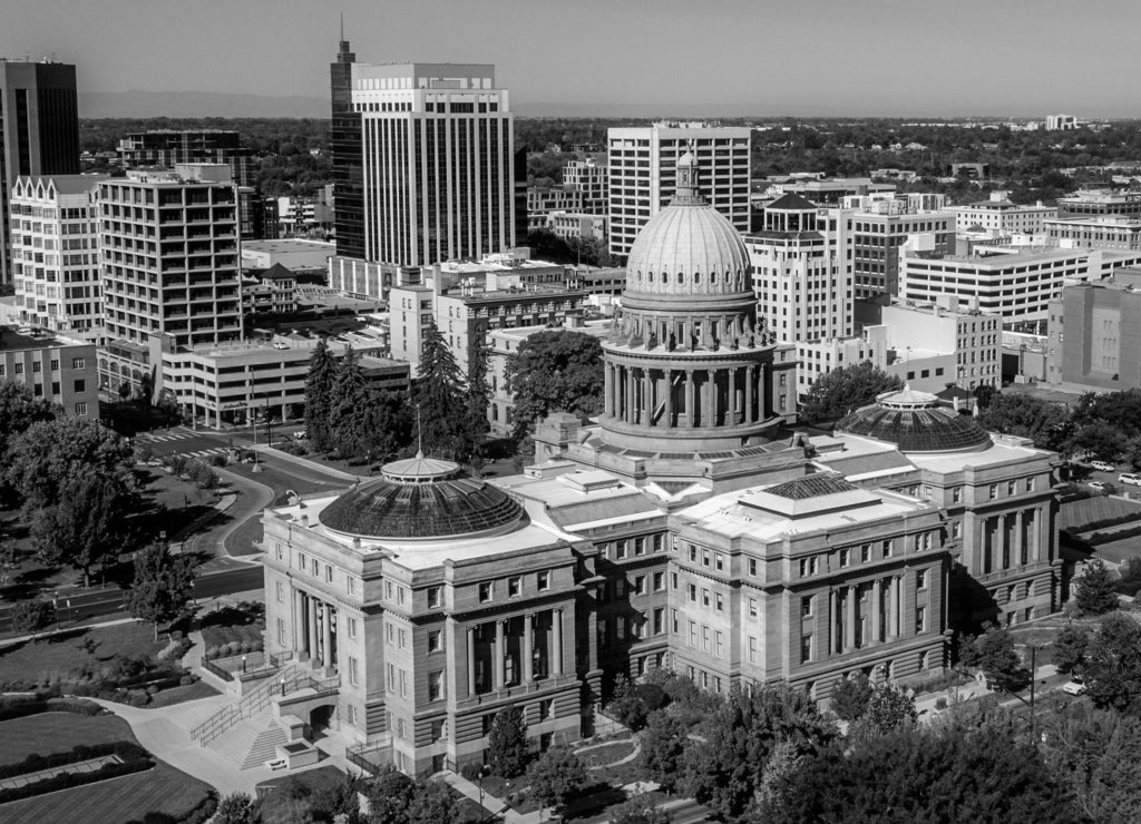 Aerial panoramic view of the Boise Idaho skyline in the morning in black white