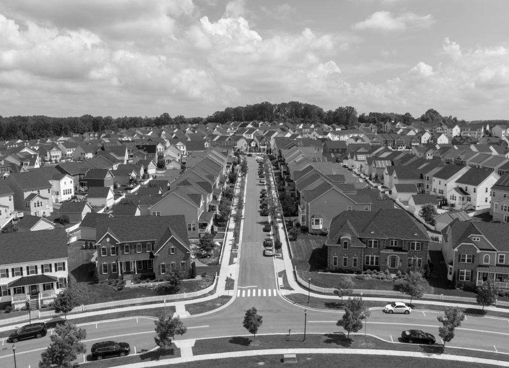 Aerial view of the Greenway Village subdivision in Clarksburg, Montgomery County, Maryland in black white