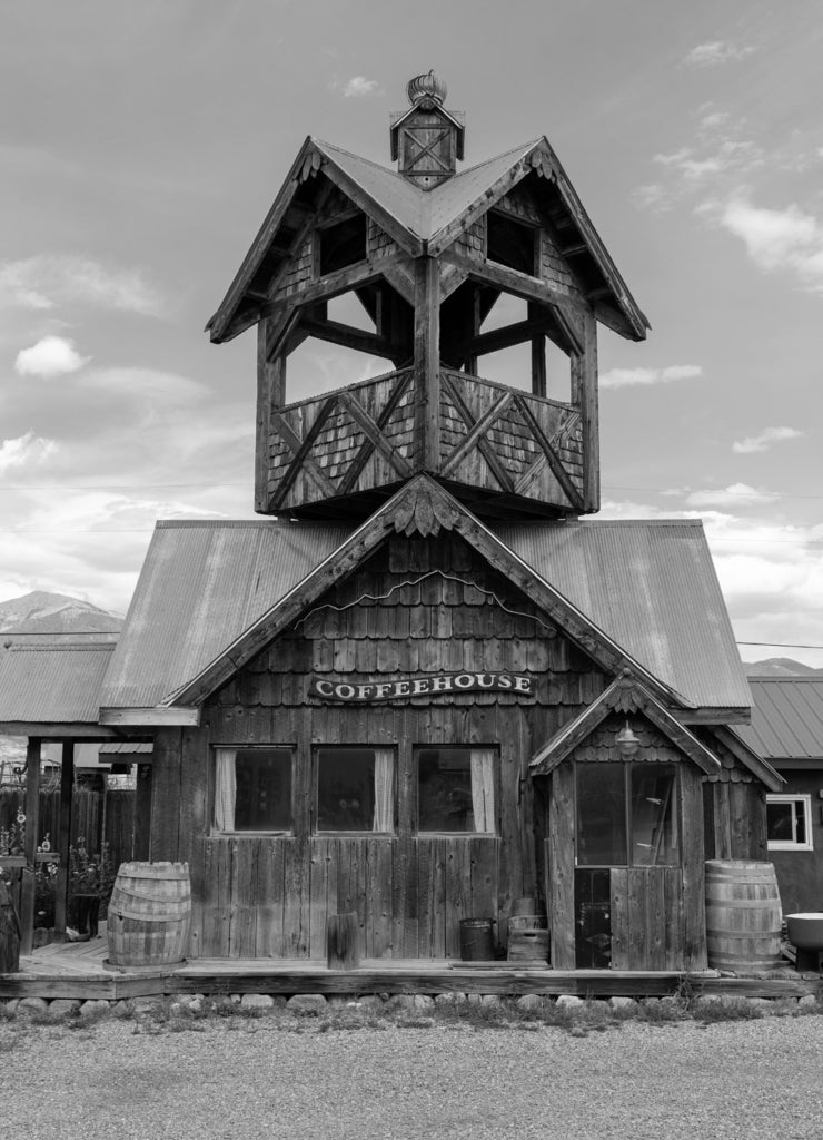 An old coffe house in Villa Grove, an unincorporated community and a U.S. Post Office located in Saguache County, Colorado. Before the town was named Garibaldi in black white