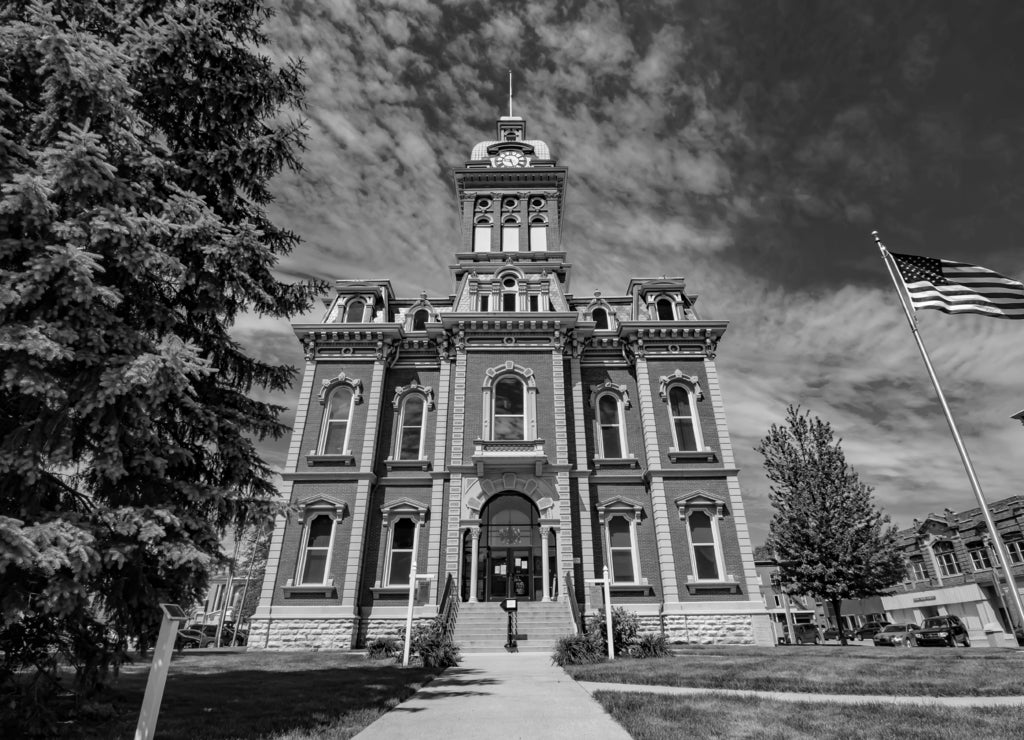 Adams County Courthouse in Decatur, Indiana in black white