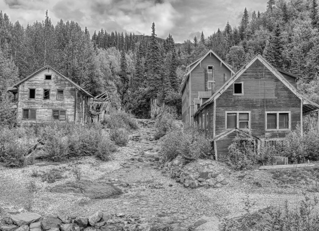 Alaska Kennicott Mine Mountains Wrangell St Elias in black white