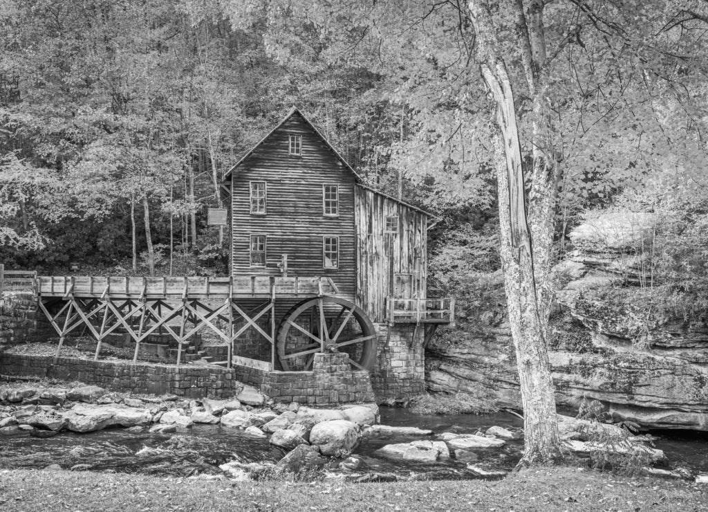 Babcock State Park, West Virginia, USA at Glade Creek Grist Mill in black white