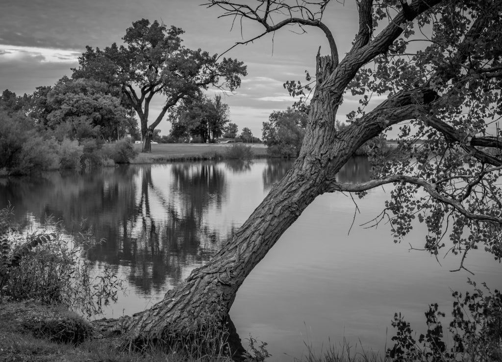 Oklahoma City's Lake hefner at the days end in early autumn in black white