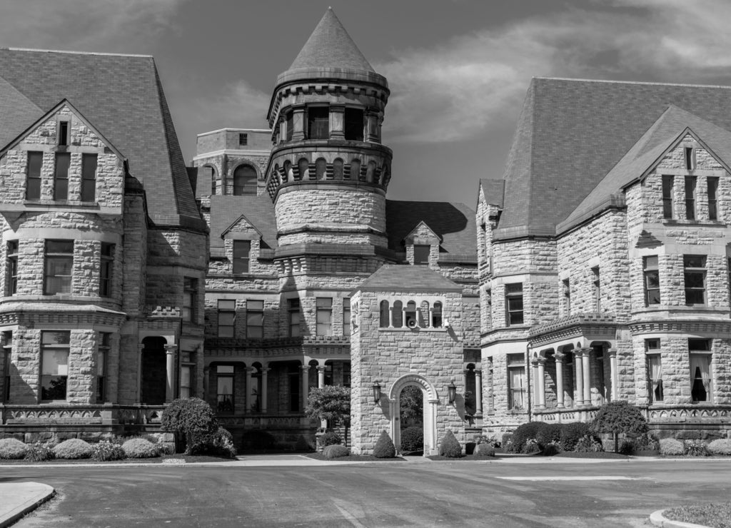 Mansfield, Ohio - The Ohio State Reformatory. Movie location for Shawshank Redemption. Allegedly haunted prison was built in 1886 and is located in Mansfield Ohio. Prison in black white