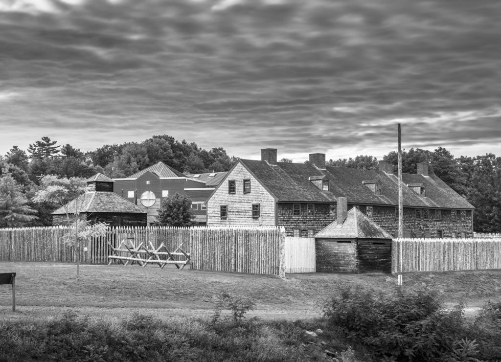 Augusta, Maine, USA at historic Fort Western in black white