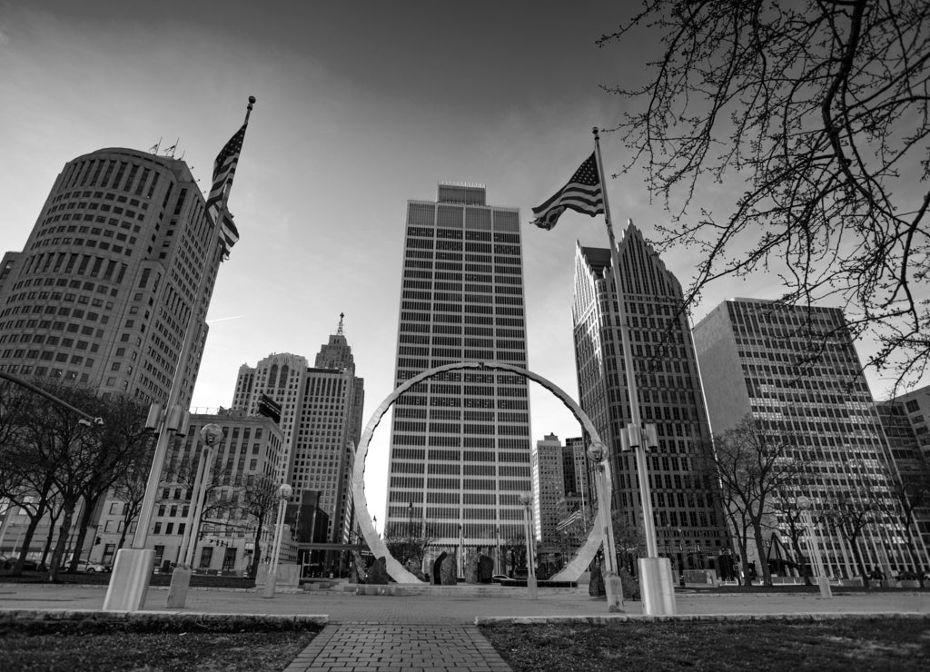 Michigan Labor Legacy Monument on Hart Plaza, Detroit city downtown in black white