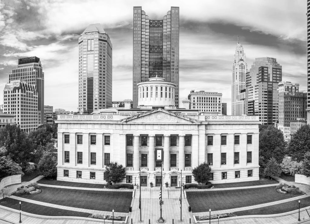 State House, state capitol building in Columbus Ohio in black white