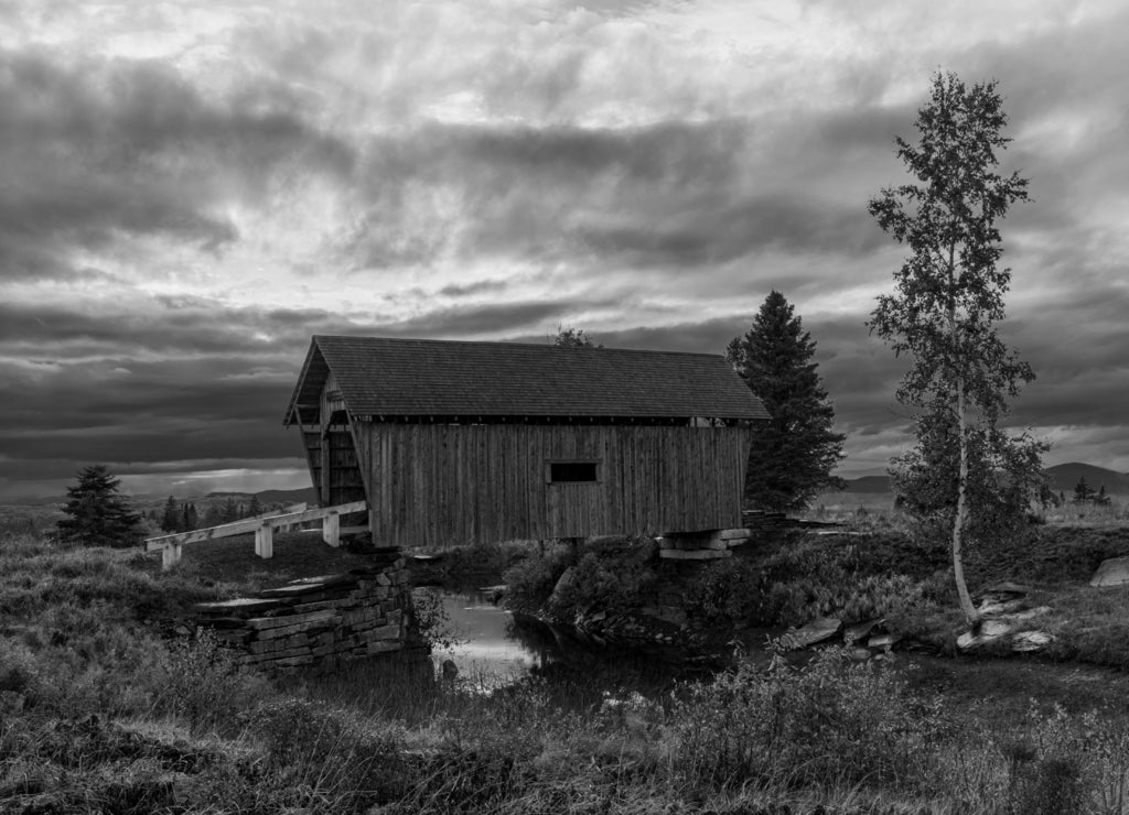 Covered Bridge in Vermont in black white