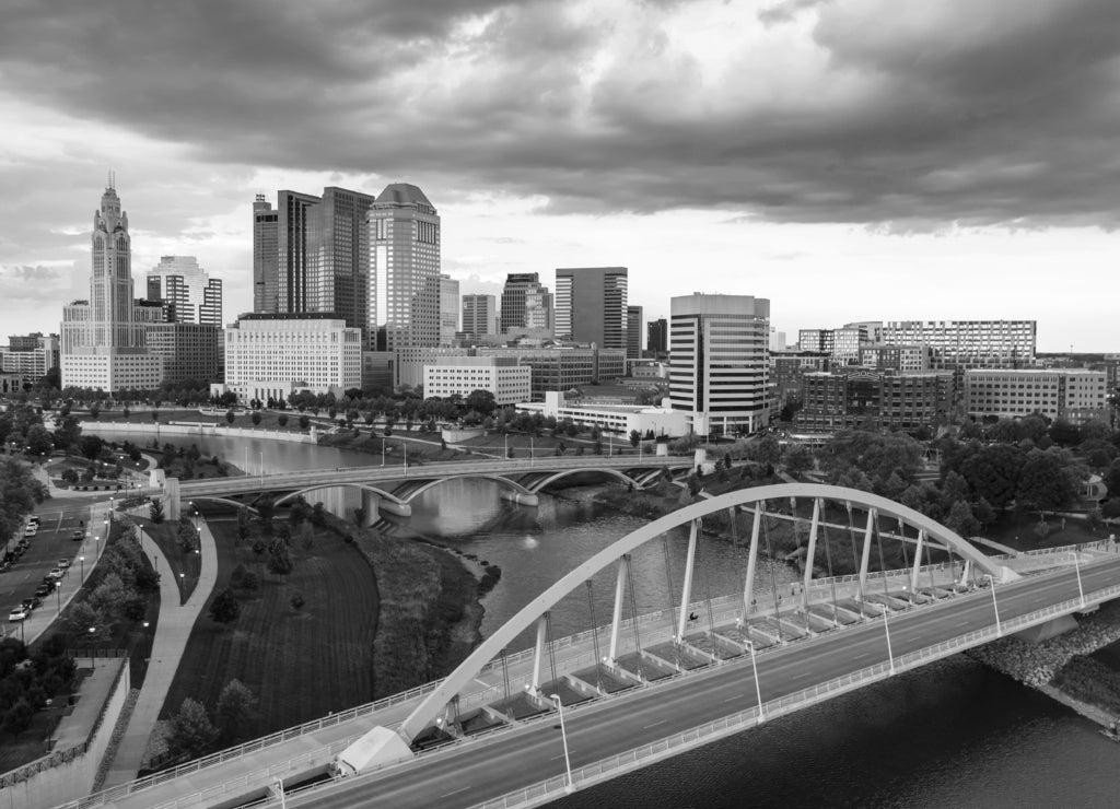 Aerial view of Downtown Columbus Ohio with Scioto river in black white