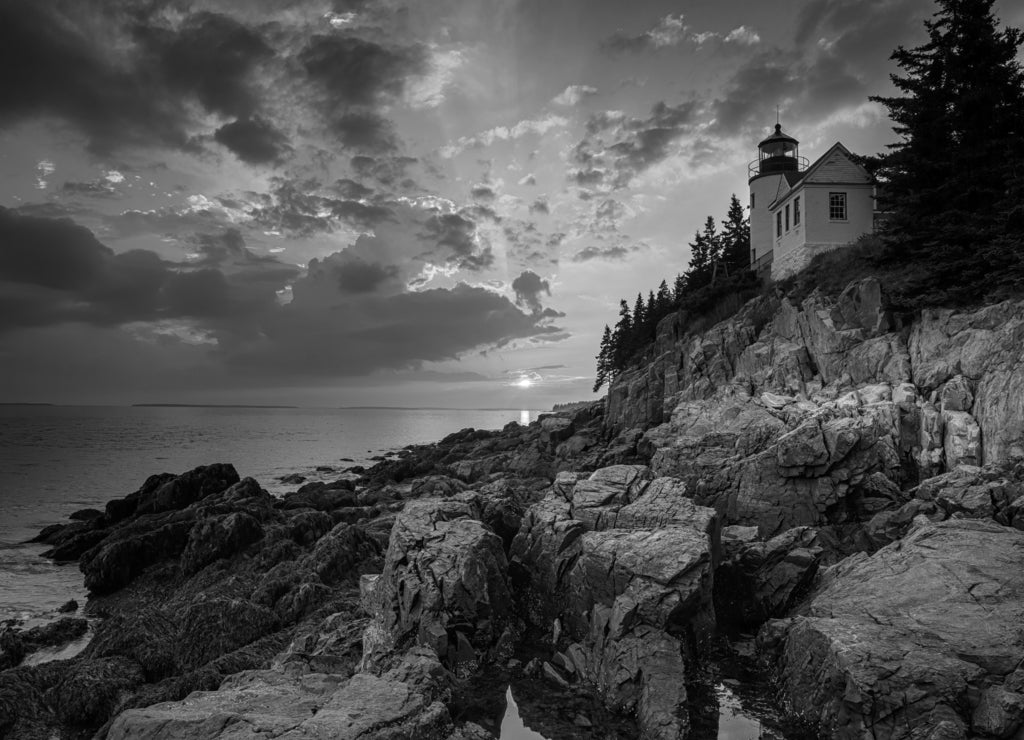 Bass Harbor Lighthouse, Mount Desert Island, Maine, USA in black white