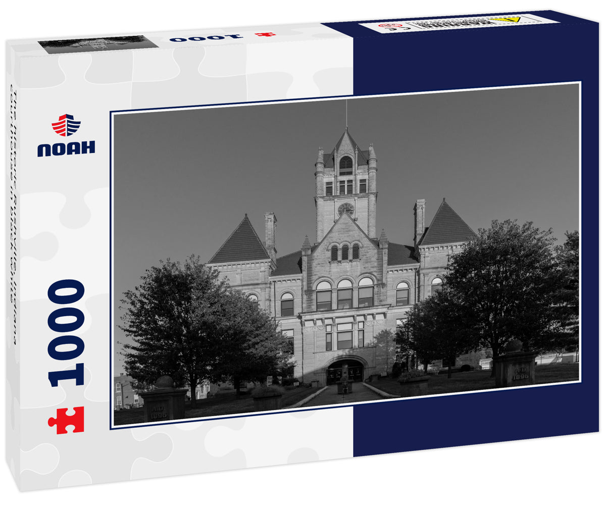 The historic Rushville, Indiana courthouse in black white