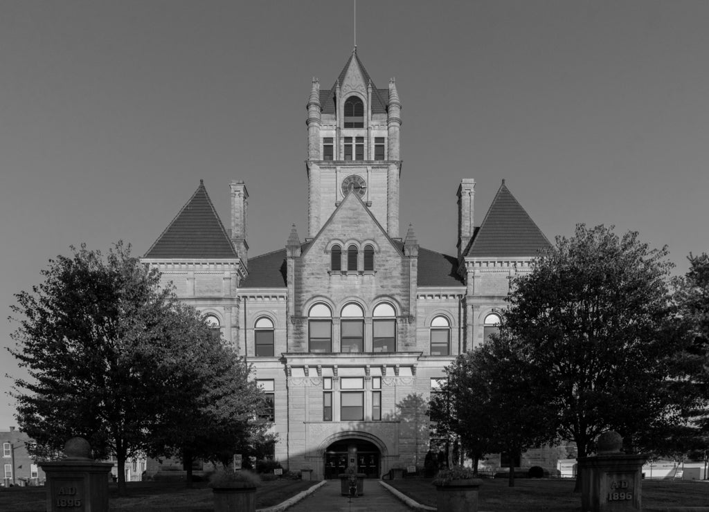 The historic Rushville, Indiana courthouse in black white