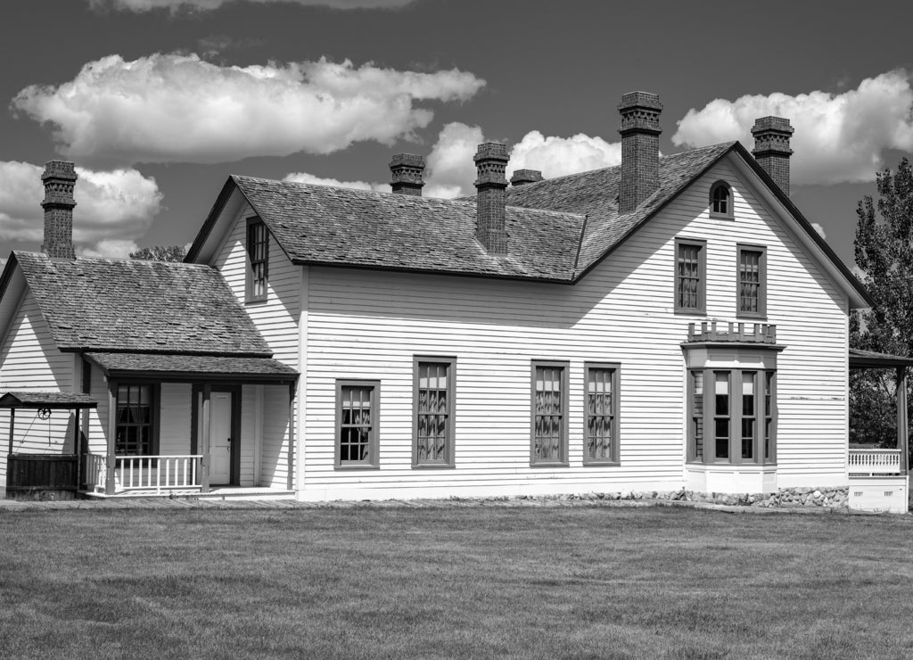 Custer House at Fort Abraham Lincoln State Park in North Dakota in black white