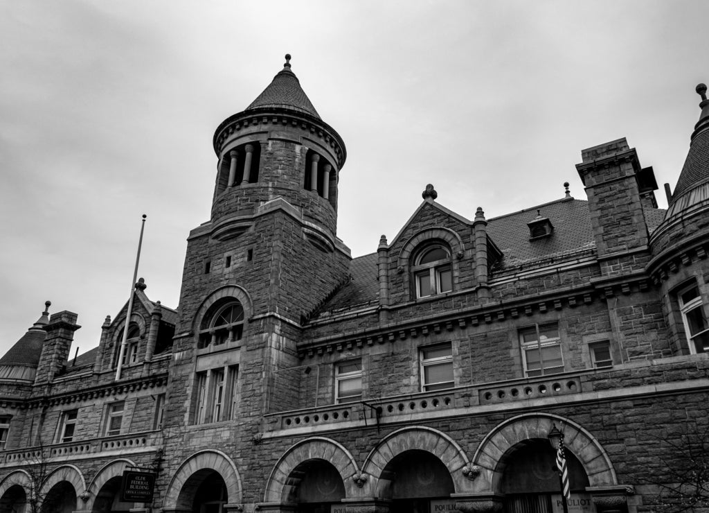 Gothic style building in Maine in black white