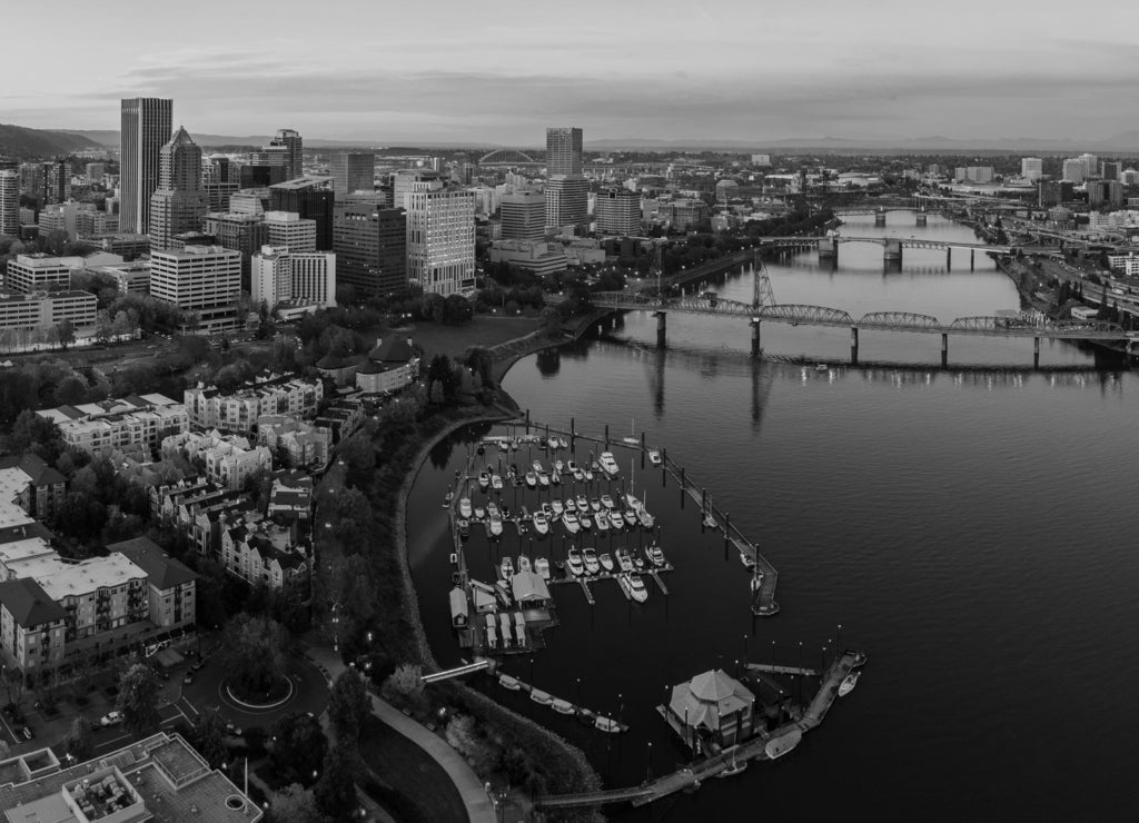 Sunset in Downtown Portland Oregon in black white