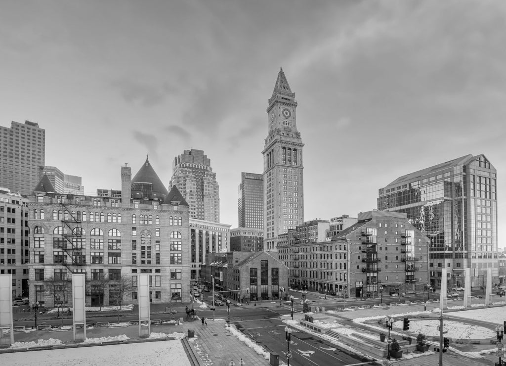 Downtown cityscape of old Market in the historic area of Boston Massachusetts in black white