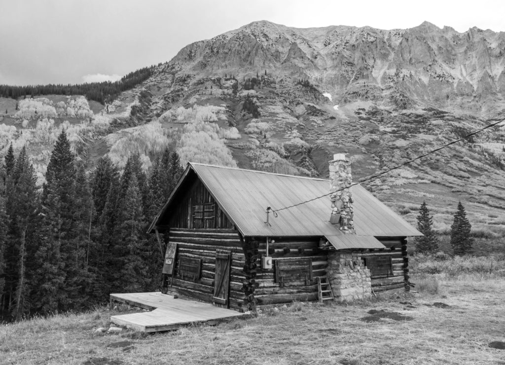 Gothic Cabin - Rustic log cabin with a tin roof on the edge of town in Gothic Colorado in Gunnison County in Autumn in black white