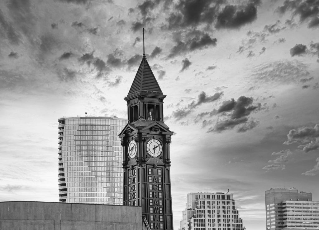 Hoboken New Jersey Clock Tower in black white