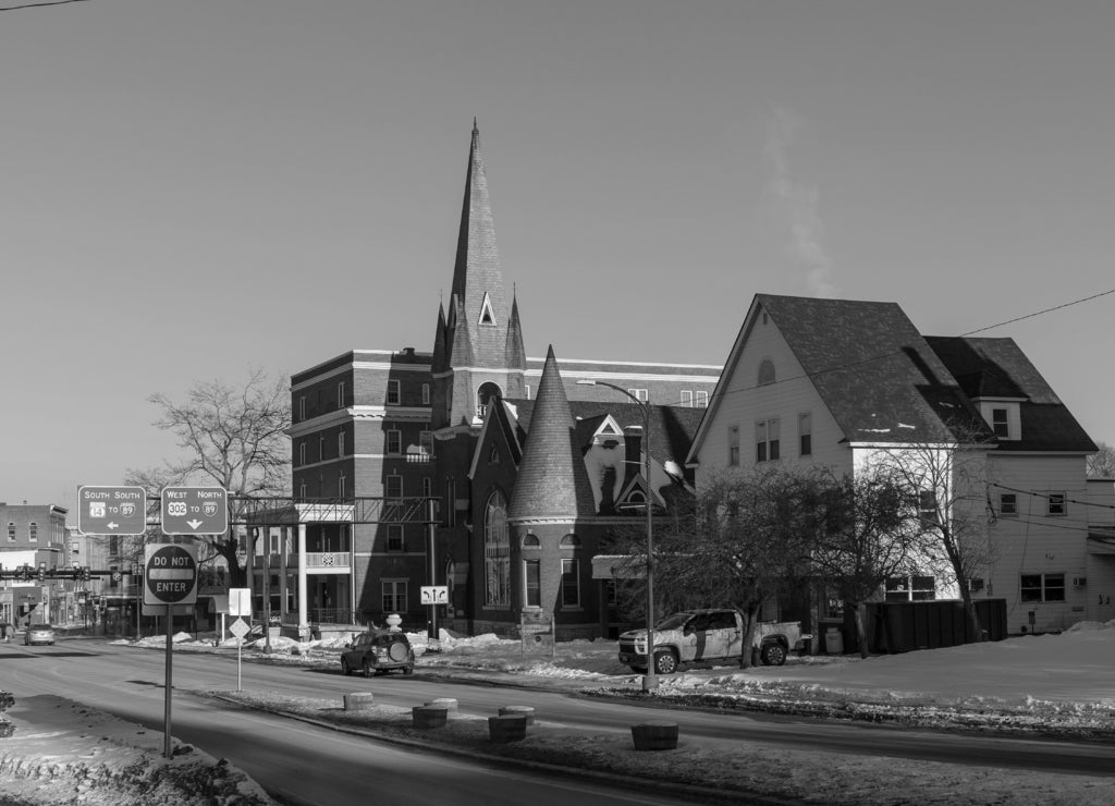 Barre, Vermont: City view on the Main Street. Winter time in black white