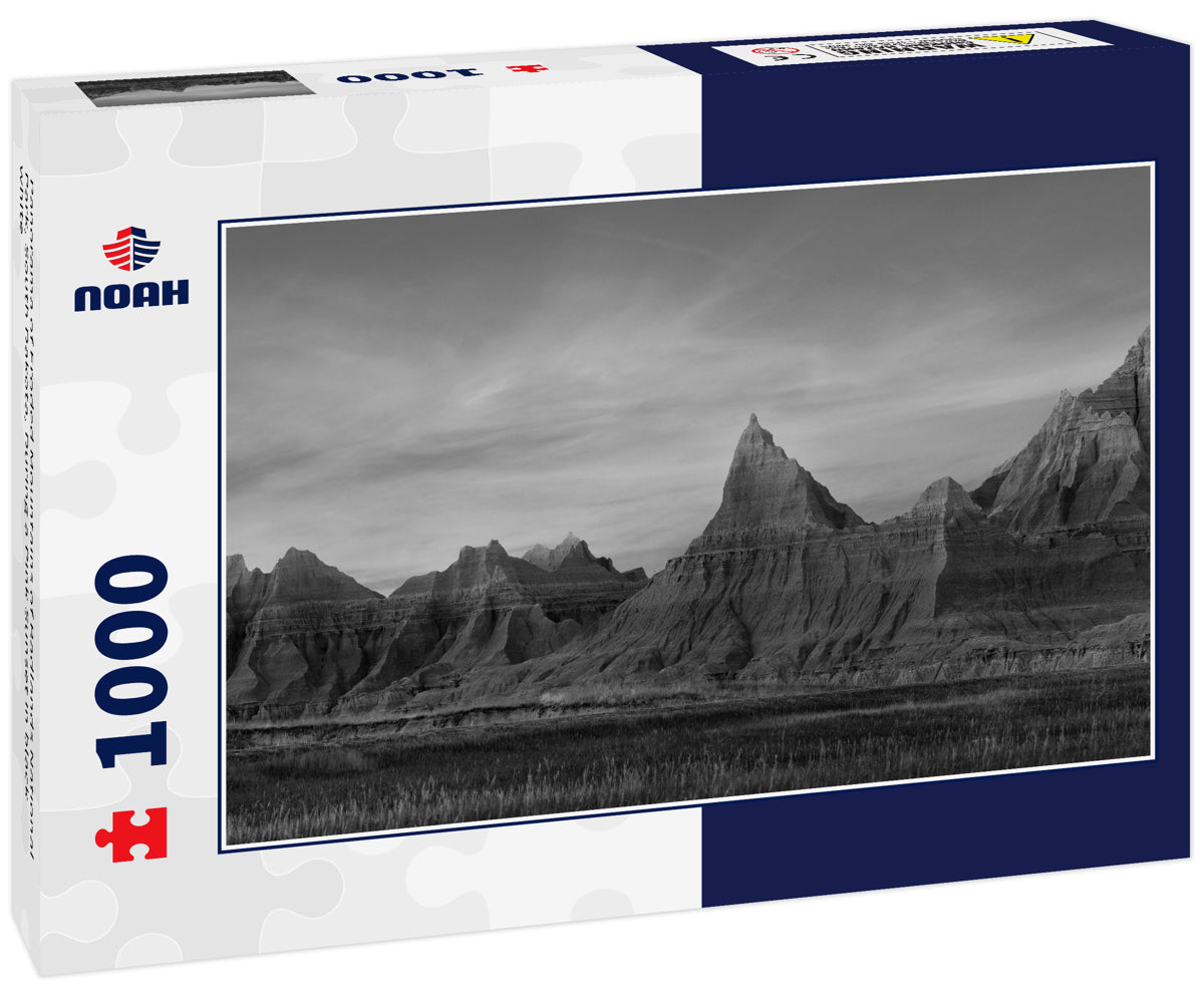 Panorama of Eroded Mountains of Badlands National Park, South Dakota, During a Pink Sunset in black white