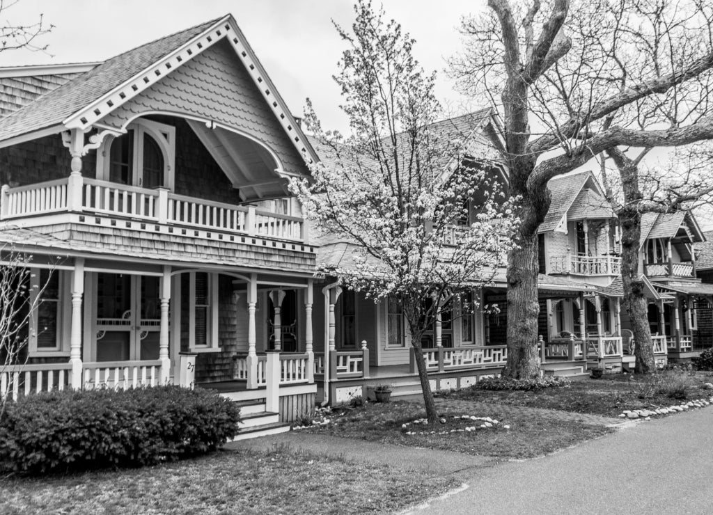 Gingerbread cottages in Oak Bluffs, Martha's Vineyard Massachusetts in black white