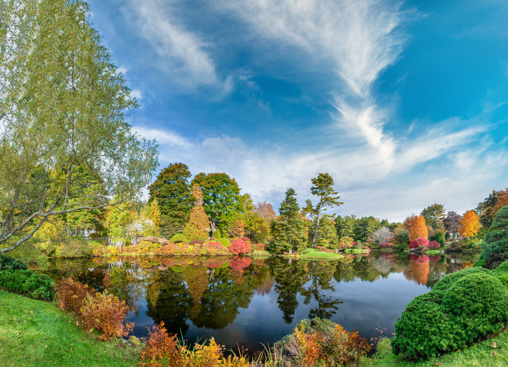 Panoramic view of Hadlock Pond in the fall. Three colors of Acadia National Park, Maine