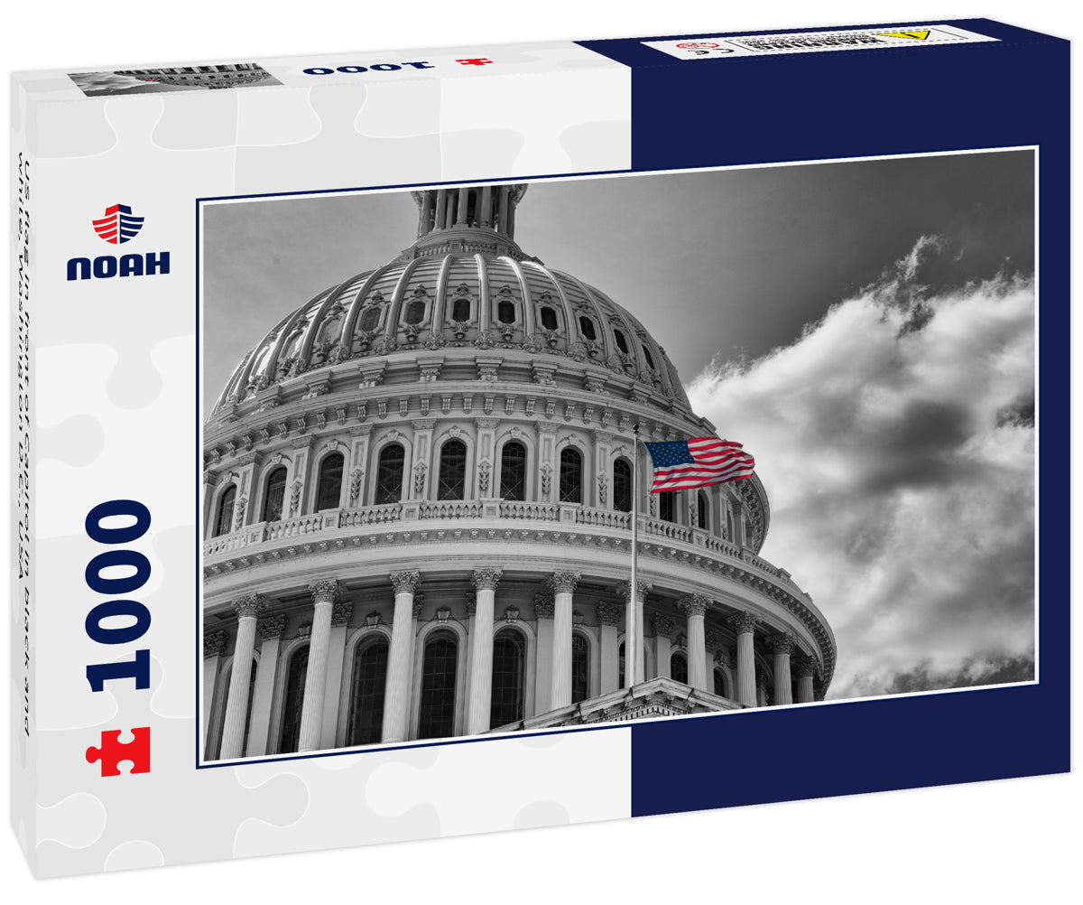 US flag in front of Capitol in black and white, Washington D.C., USA