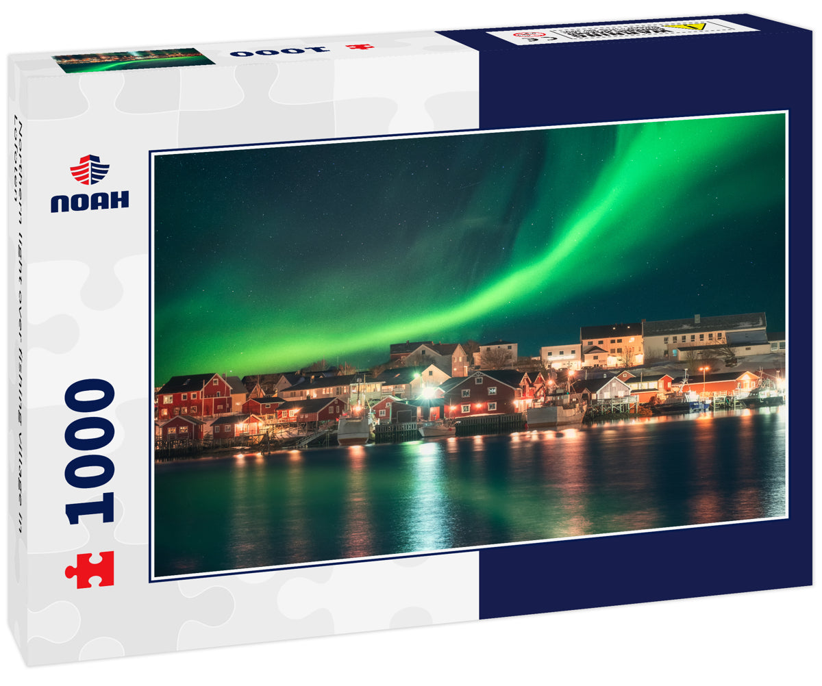 Northern light over fishing village in Lofoten