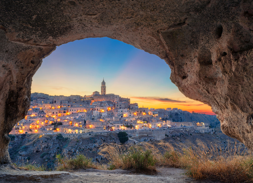 Matera, Italy. Cityscape of the medieval town of Matera, Italy during the beautiful sunset.