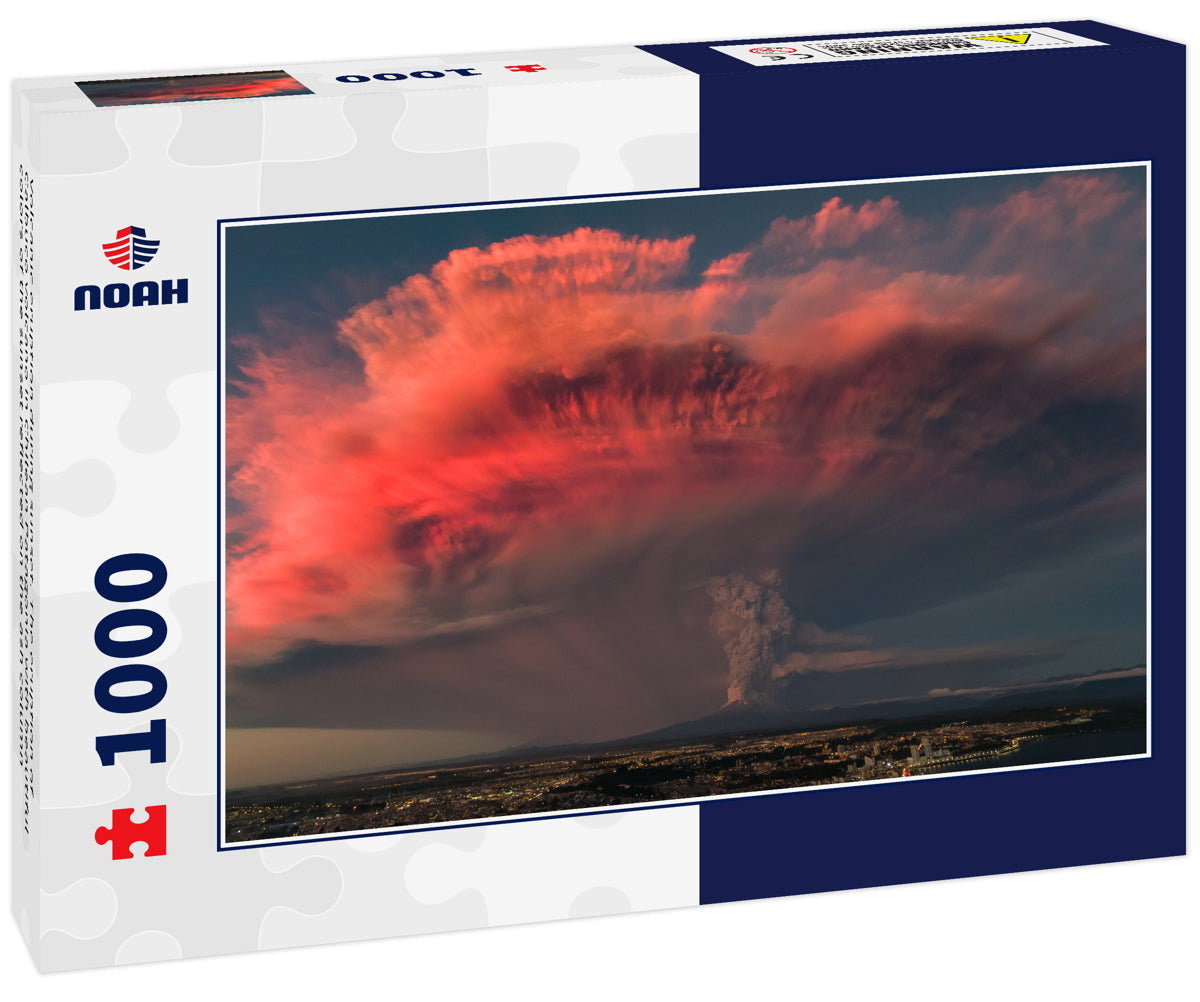 Volcanic eruption during sunset. The eruption of Calbuco volcano in Chilean Patagonia with beautiful colors of the sunset reflected on the ash column