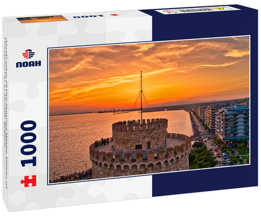 Aerial view of the famous White Tower of Thessaloniki at sunset, Greece.