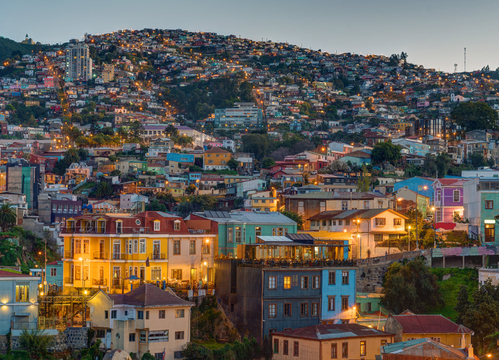 View over one of the hills of Valparaiso in Chile at dusk