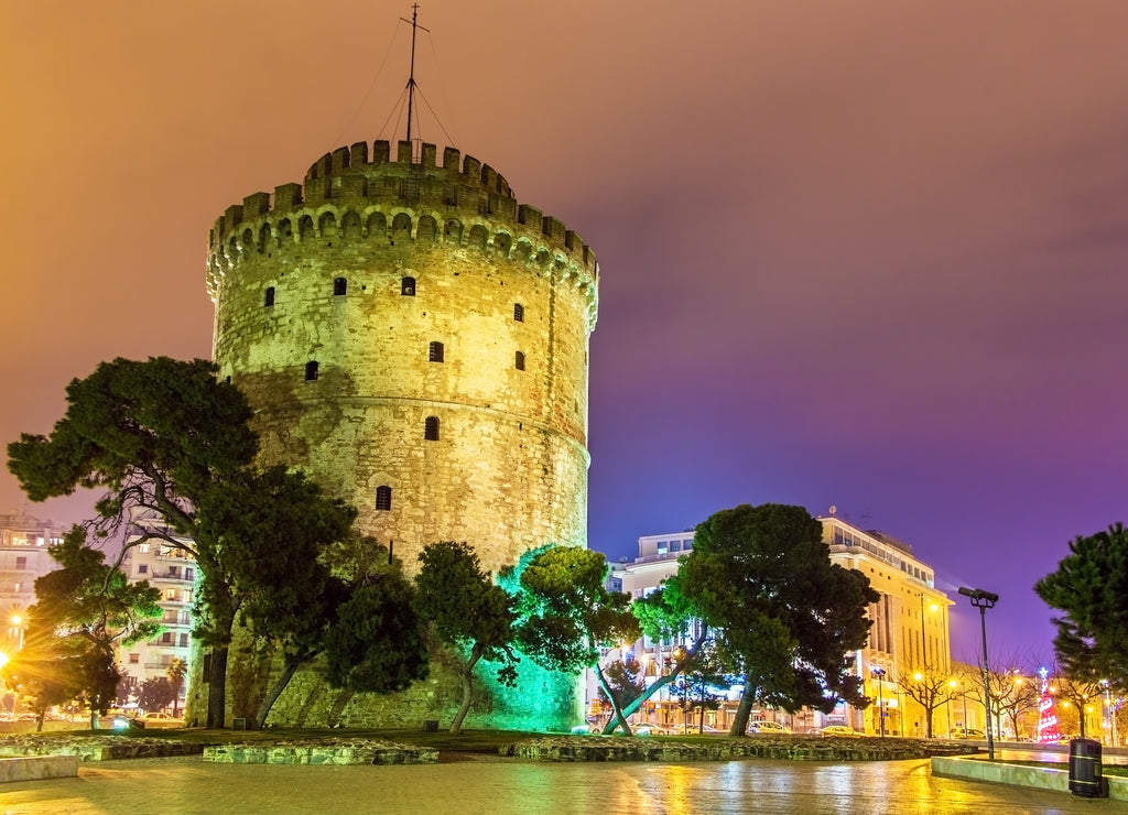 White tower of Thessaloniki in Greece by night