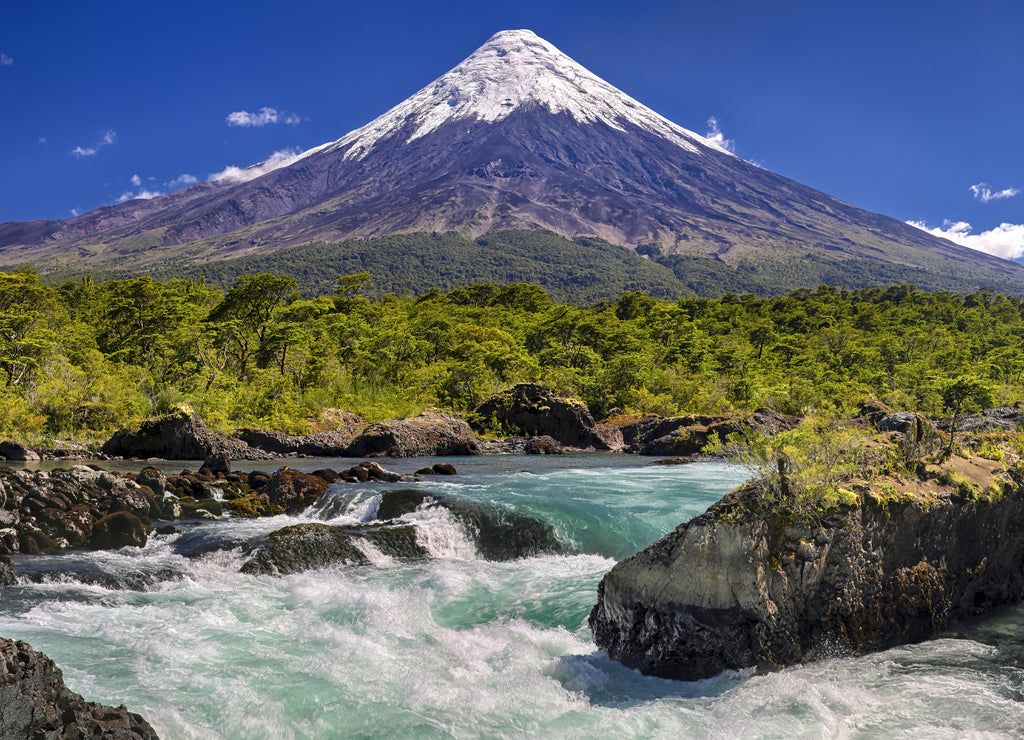 Petrohue waterfalls in front of Osorno volcano (Chile)