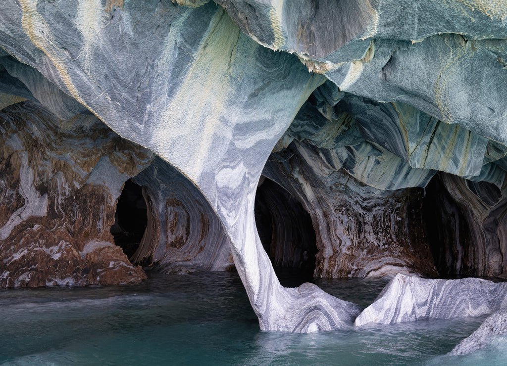 Marble cave sanctuary, strange rock formations caused by water erosion, General Carrera Lake, Puerto Rio Tranquilo, Aysen region, Patagonia, Chile