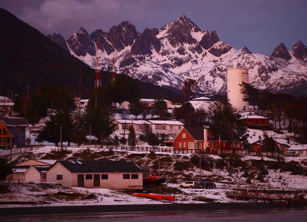 View of Puerto Williams at sunrise seen from Beagle Channel, Chile