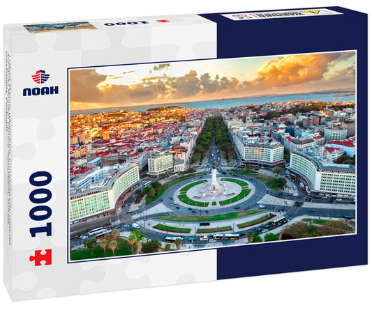 Lisbon skyline panorama, European city view on Marques Pombal square monument, sunset, crossroads, Portugal